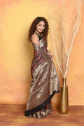 Very Much Indian Modal Silk Ajrakh Handblock Printed Natural Dyes With Designer Border Saree - Brown | Grocsy