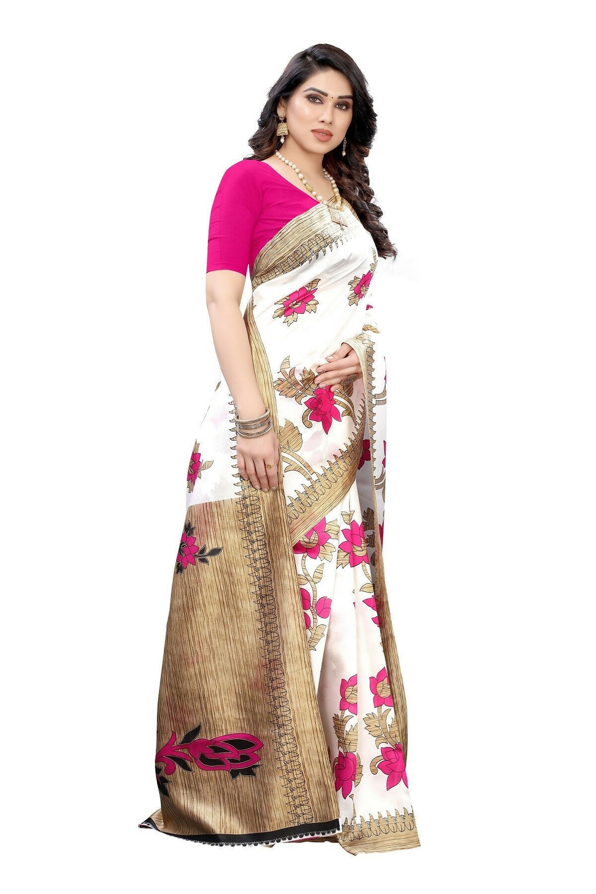 Vamika White Printed Art Silk Saree | Grocsy