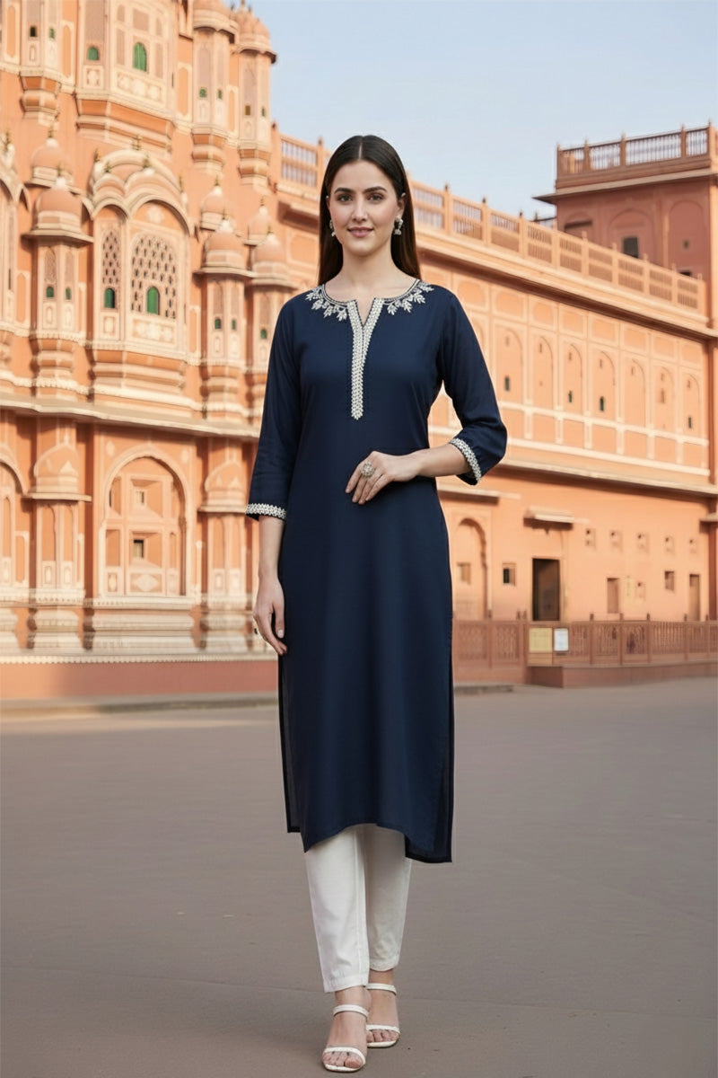 SRS Fashion Blue Embroidered Rayon Straight Kurta Set | Grocsy