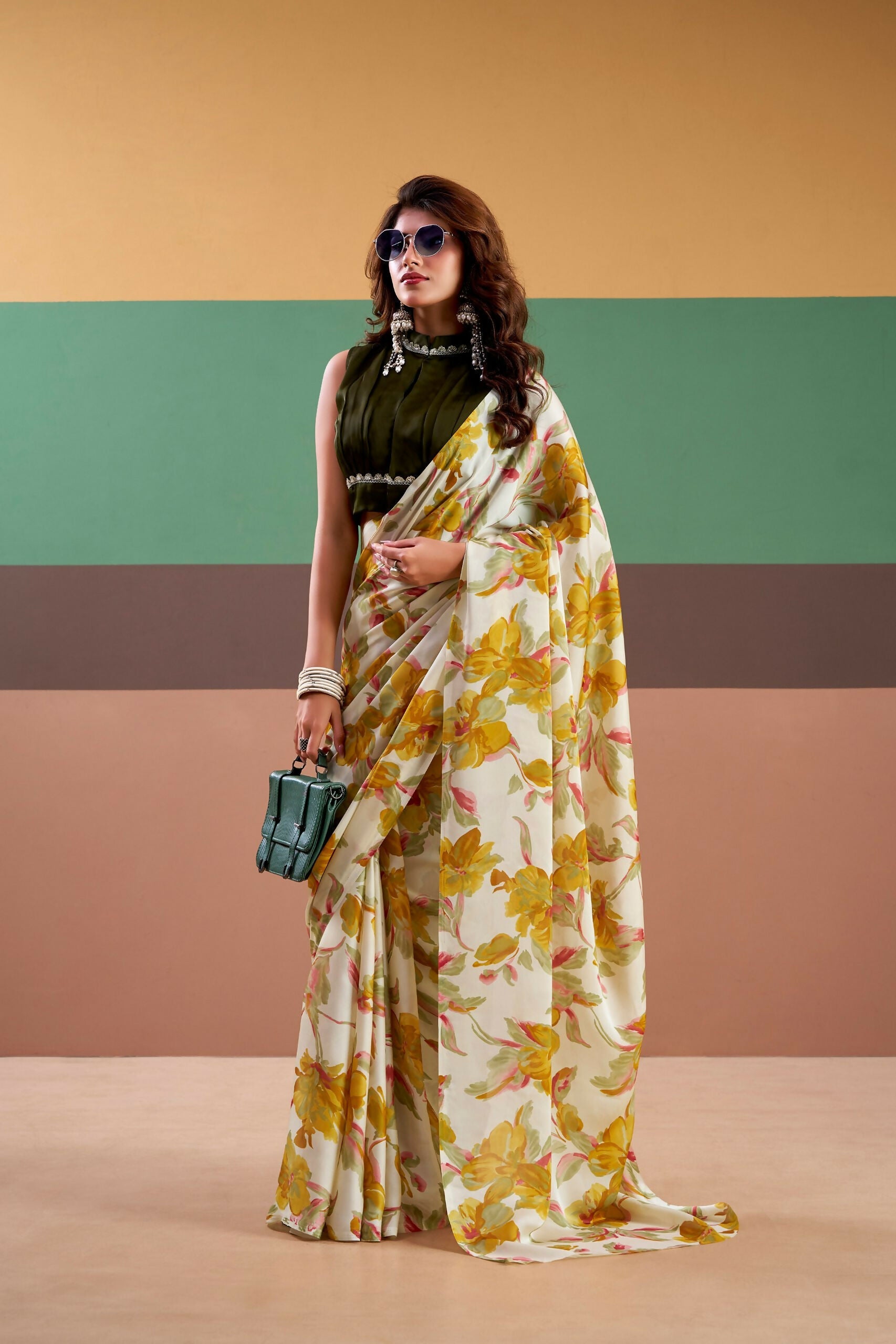 Vastranavya Yellow Satin Silk Floral Printed Saree with Stitched Blouse | Grocsy