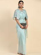 Blue Satin Solid Ready to wear Saree with stitched Blouse - Vanita | Grocsy