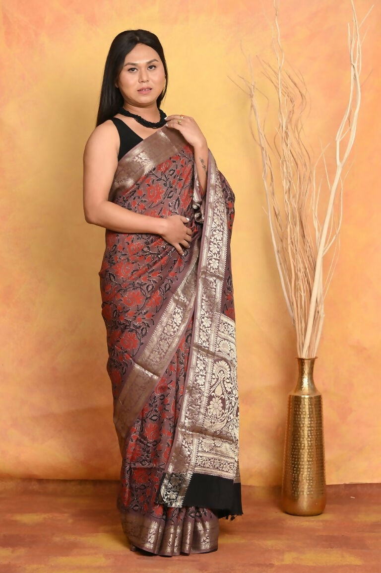 Very Much Indian Modal Silk Ajrakh Handblock Printed Natural Dyes With Designer Border Saree - Maroon | Grocsy