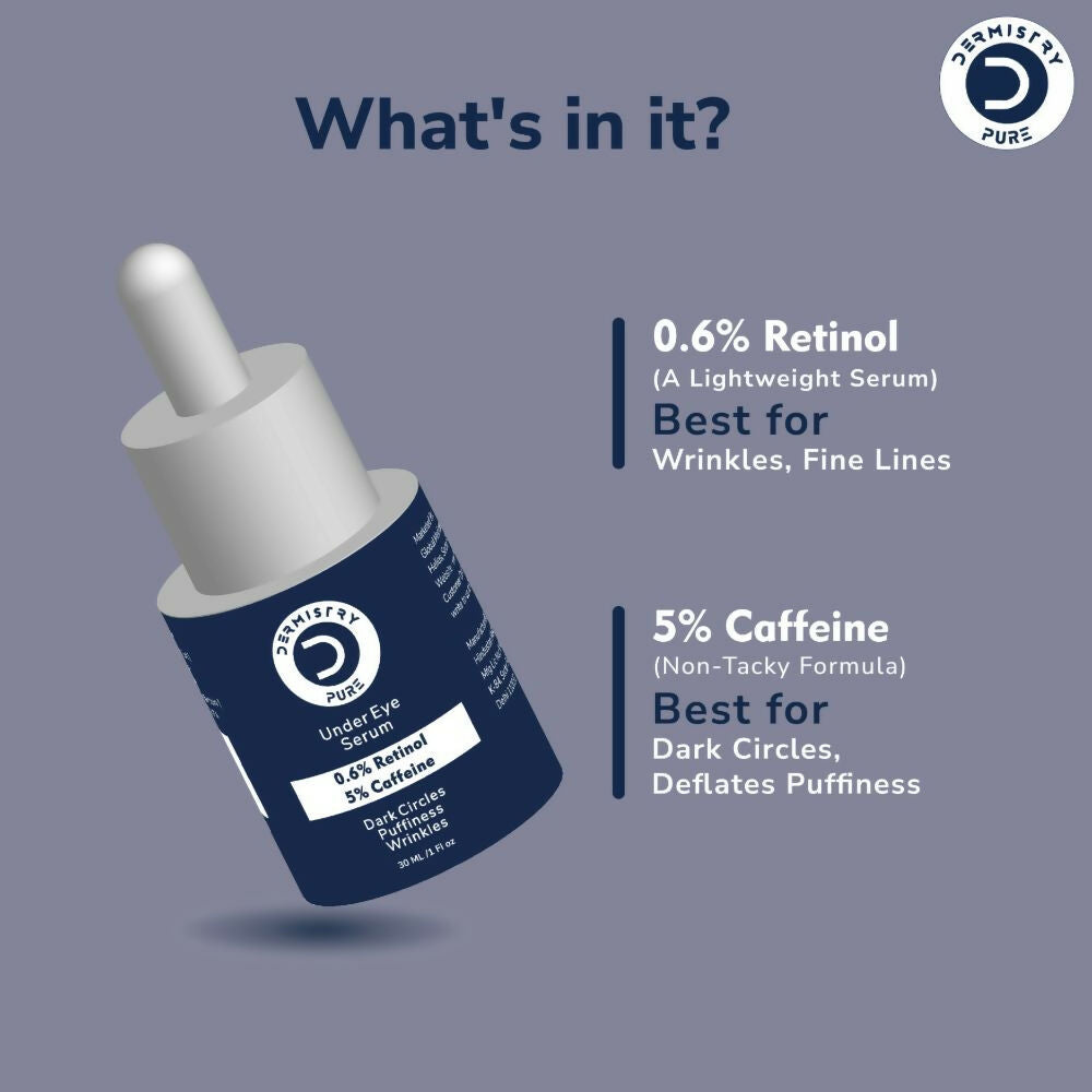 Dermistry Pure 0.6% Retinol 5% Caffeine Under Eye Serum Puffiness Fine Line Wrinkles Puffy Dark Eyes | Grocsy