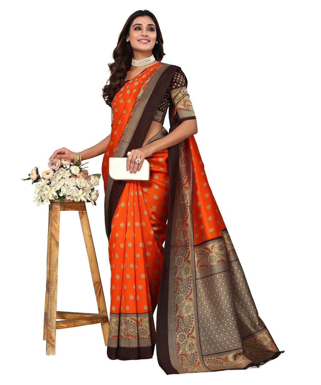 Vamika Orange Printed Art Silk Saree | Grocsy