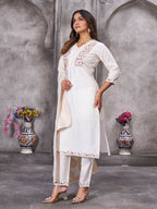 Teeya Creation Women's Elegant White Embroidered Kurta with Pant and Dupatta Set | Grocsy