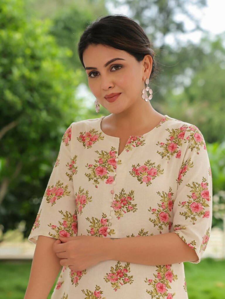 Aramya A-line Linen Cotton Floral Print Women's Kurta - Pink | Grocsy