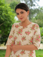 Aramya A-line Linen Cotton Floral Print Women's Kurta - Pink | Grocsy