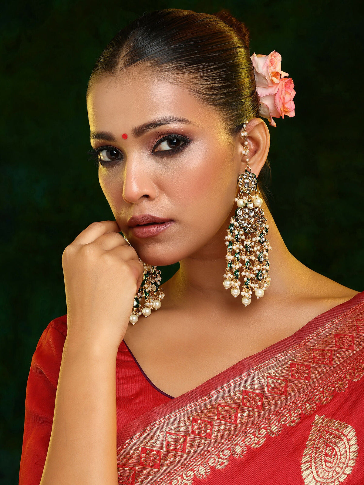 Ruby Raang 22k Gold Polished Kundan Chand Earrings With Ear Chains | Grocsy