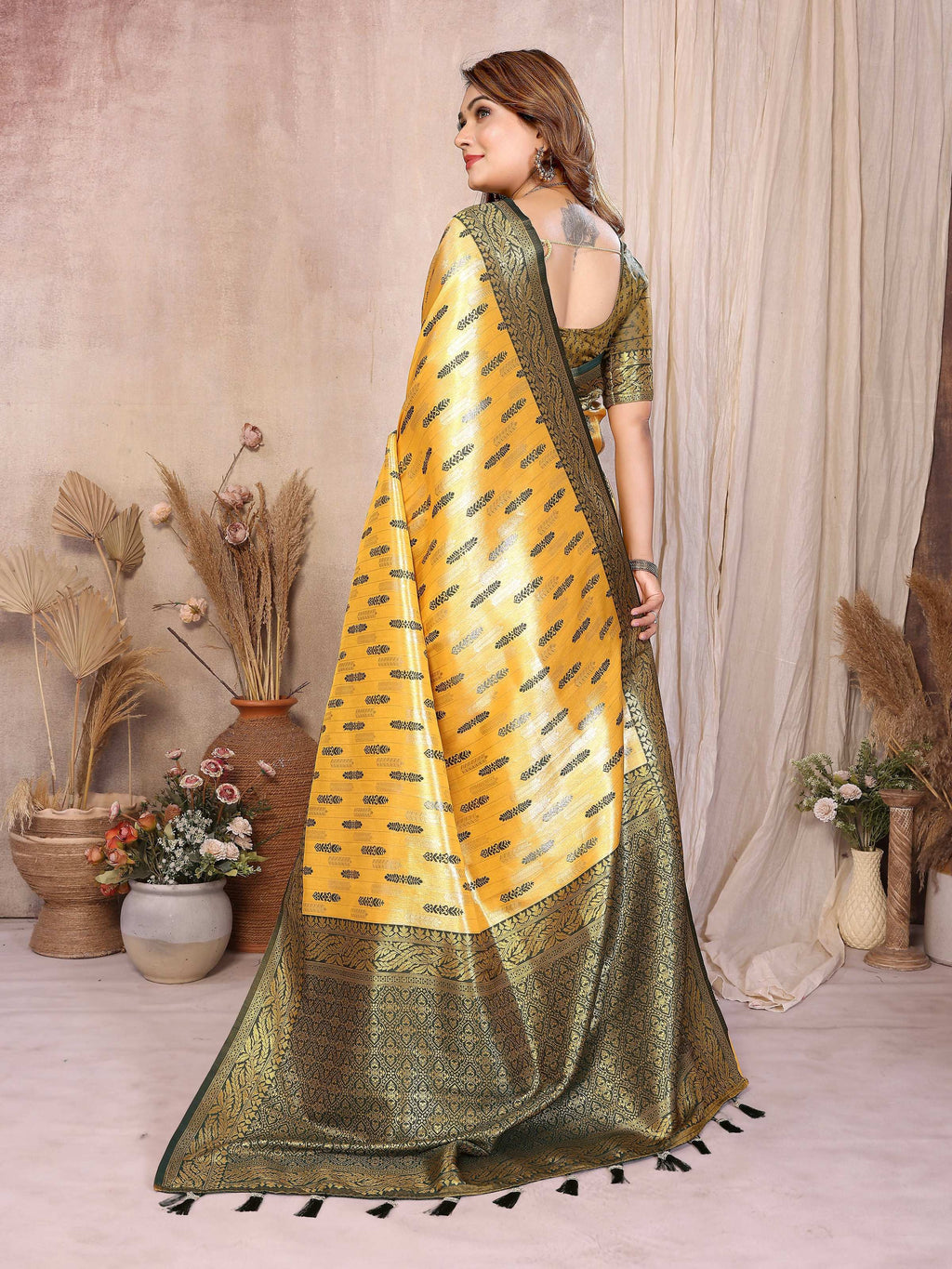 Aastha Fashion Yellow Tissue Silk Paithani Woven Saree | Grocsy