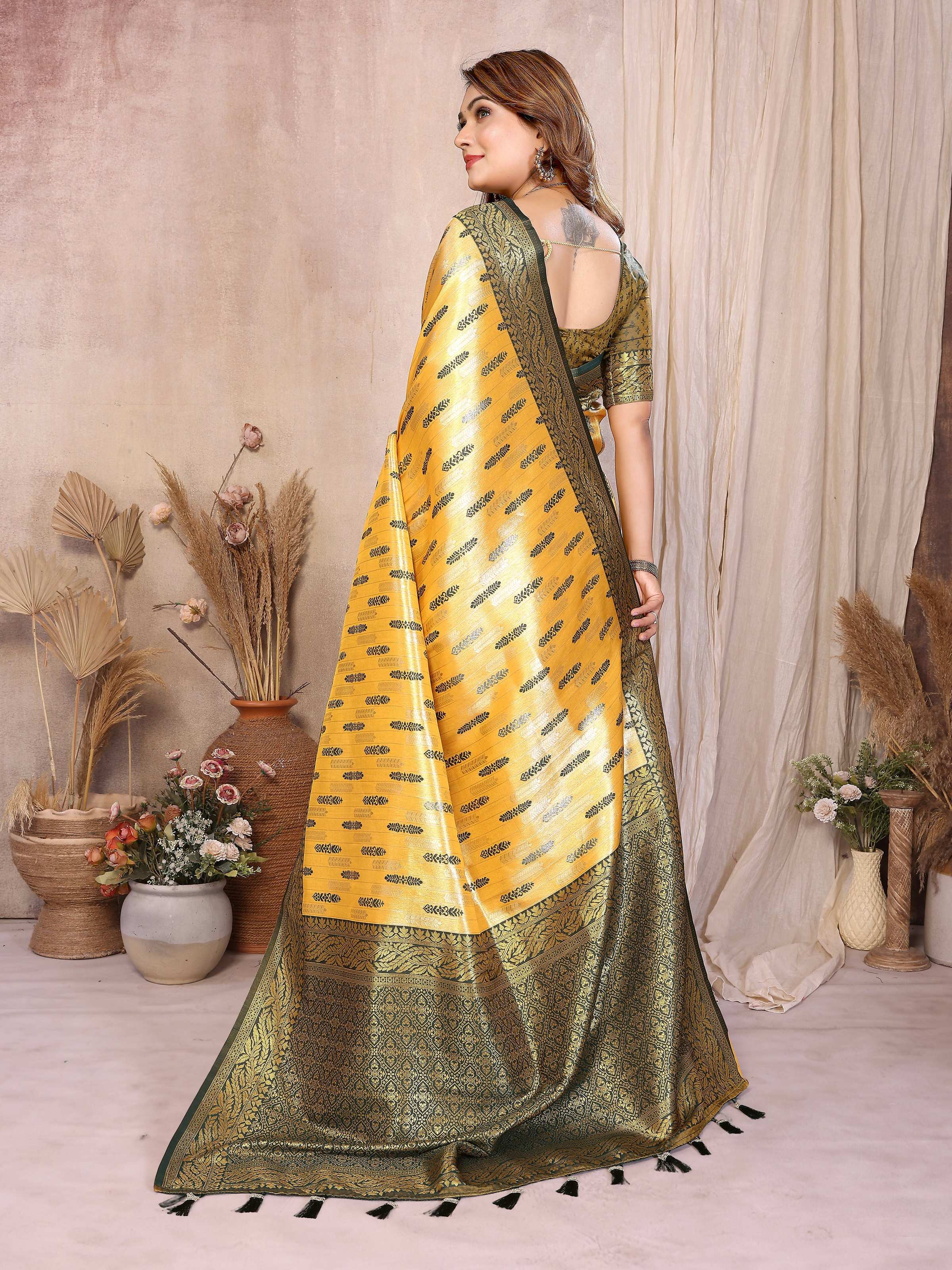 Aastha Fashion Yellow Tissue Silk Paithani Woven Saree | Grocsy