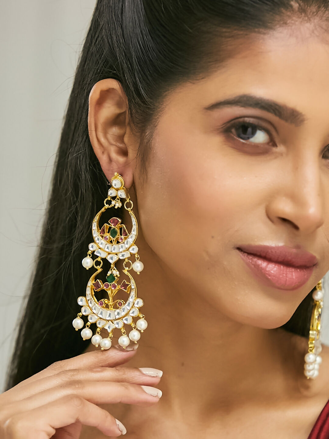 Nuyug 22K Gold-Plated Kundan Studded & Pearl Beaded Layered Chandbalis | Grocsy