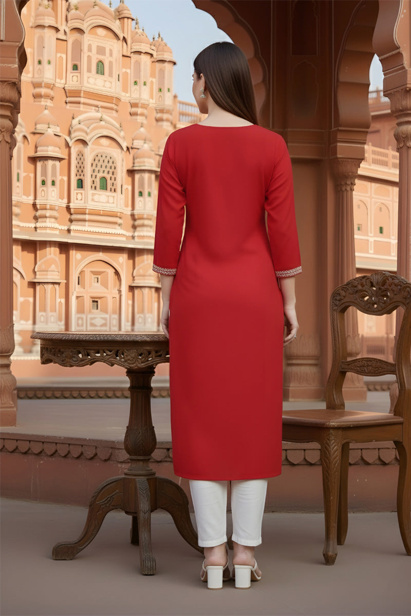 SRS Fashion Red Embroidered Rayon Straight Kurta Set | Grocsy