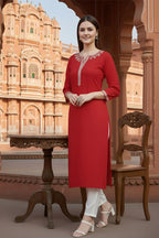 SRS Fashion Red Embroidered Rayon Straight Kurta Set | Grocsy