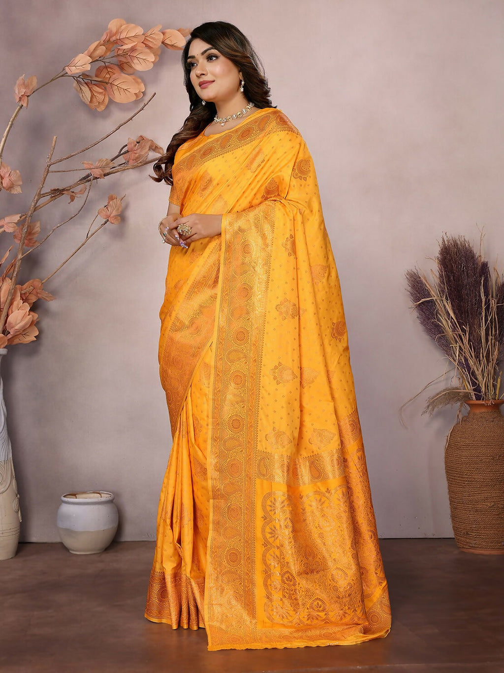 Joban Fashion Banarasi Orange Woven Soft Silk Saree | Grocsy
