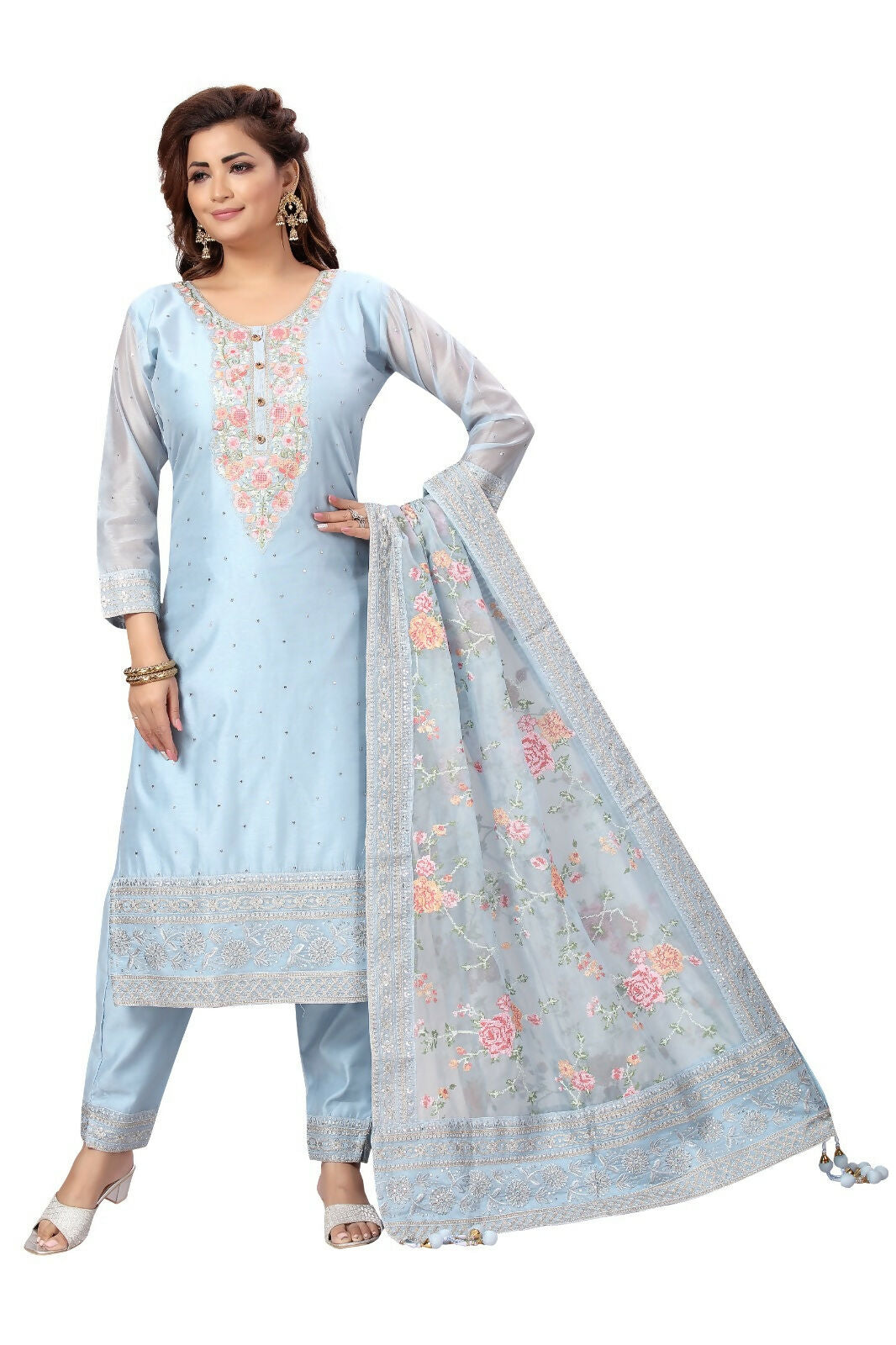 Joban Fashion Chanderi Sky Blue Color Kurta Set | Grocsy