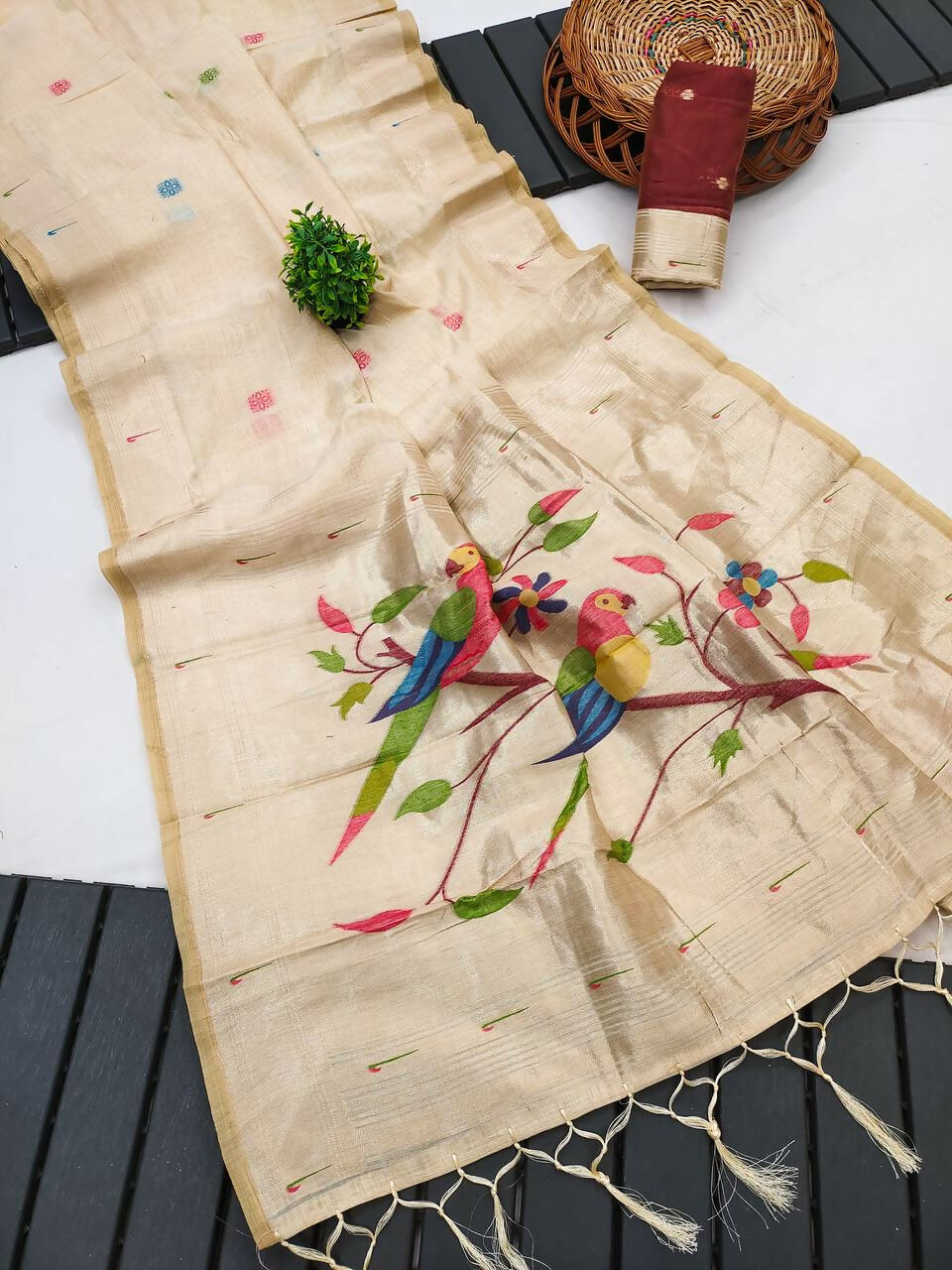 Vastranavya Cream Muga Cotton Meenakari & Munia Weaving Pallu Saree with Contrast Blouse | Grocsy
