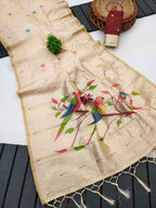 Vastranavya Cream Muga Cotton Meenakari & Munia Weaving Pallu Saree with Contrast Blouse | Grocsy