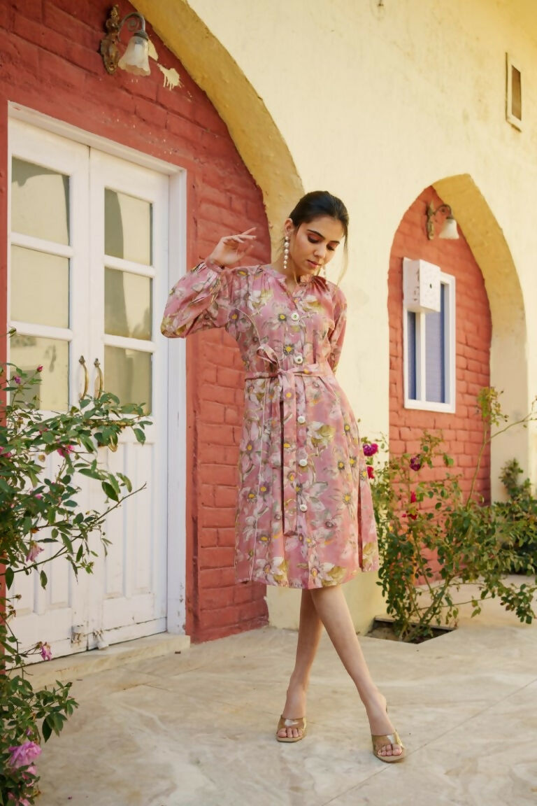 Vaasva Women Pink Muslin Floral Printed Knee Length Dress | Grocsy