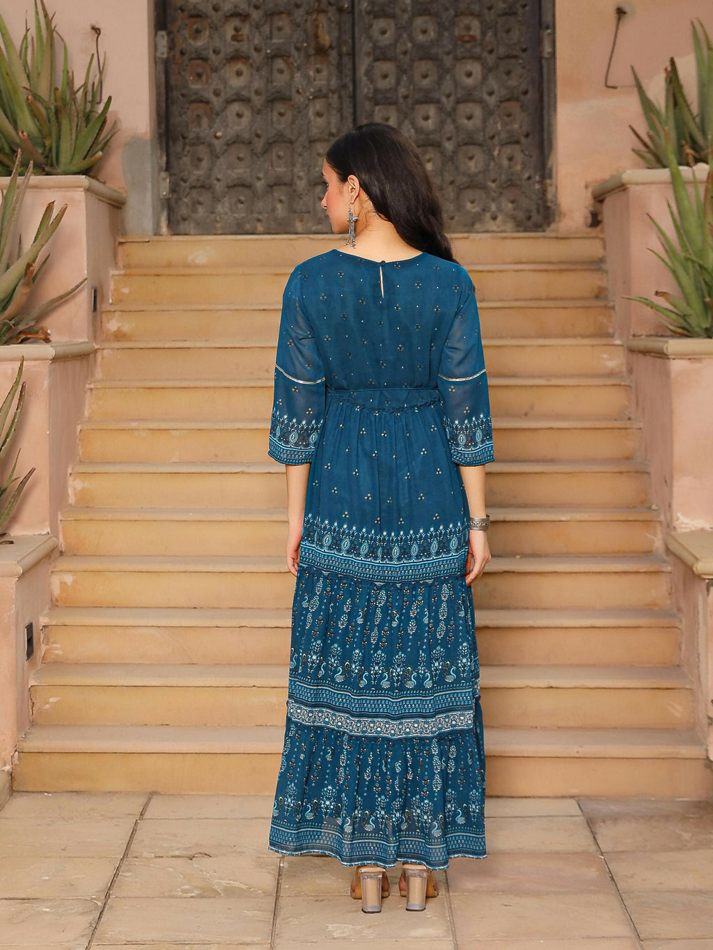 Juniper Women's The Dholitaro Blue Ethnic Motif Printed Georgette Tiered Dress With Sequins & Doris At Waist | Grocsy