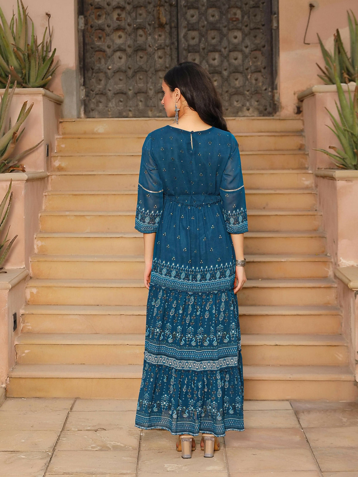Juniper Women's The Dholitaro Blue Ethnic Motif Printed Georgette Tiered Dress With Sequins & Doris At Waist | Grocsy