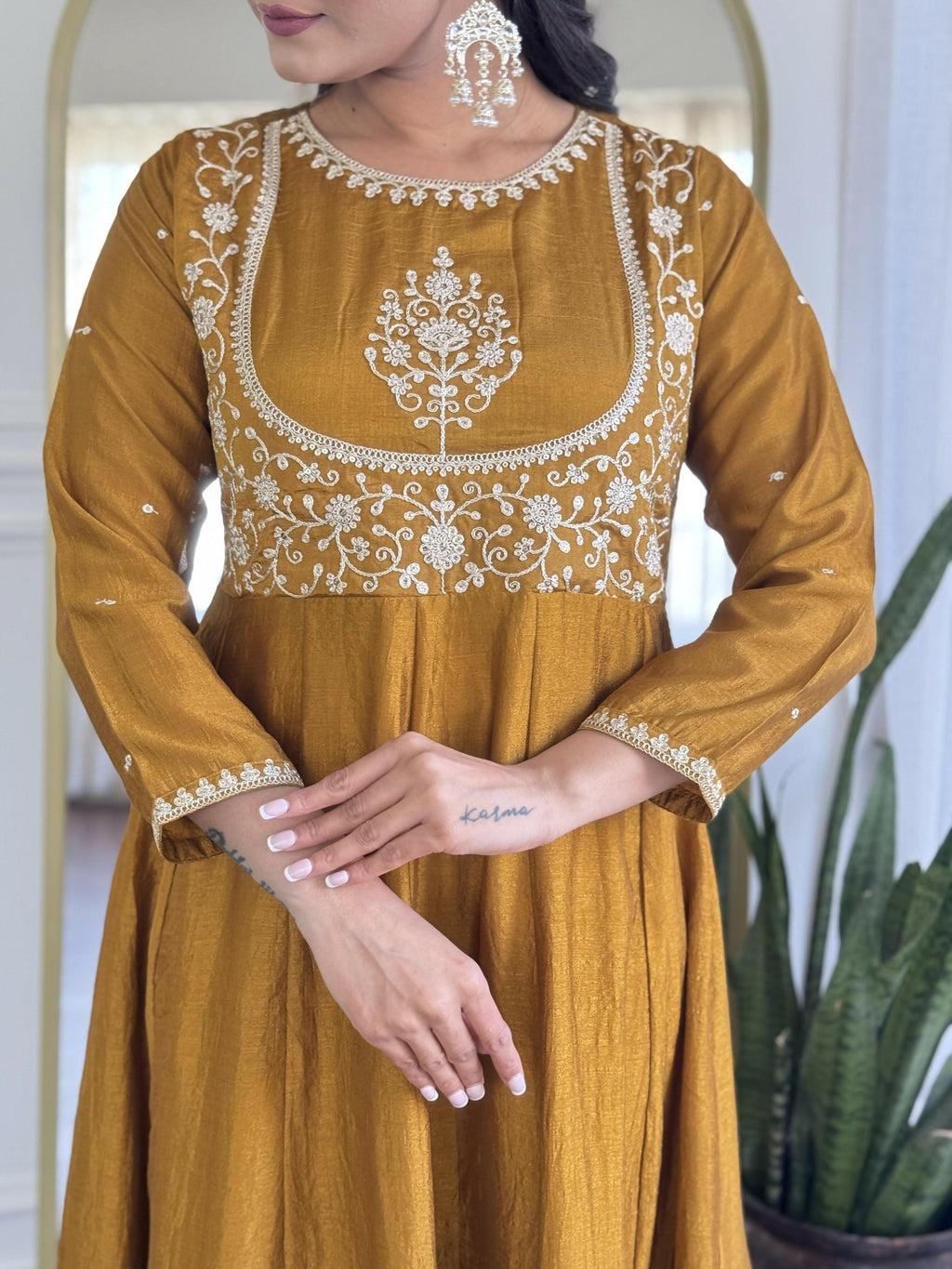 The52 Women's Beautiful Vichitra Silk Fabric Embroidery Work Flared Anarkali Pant and Dupatta Set | Grocsy