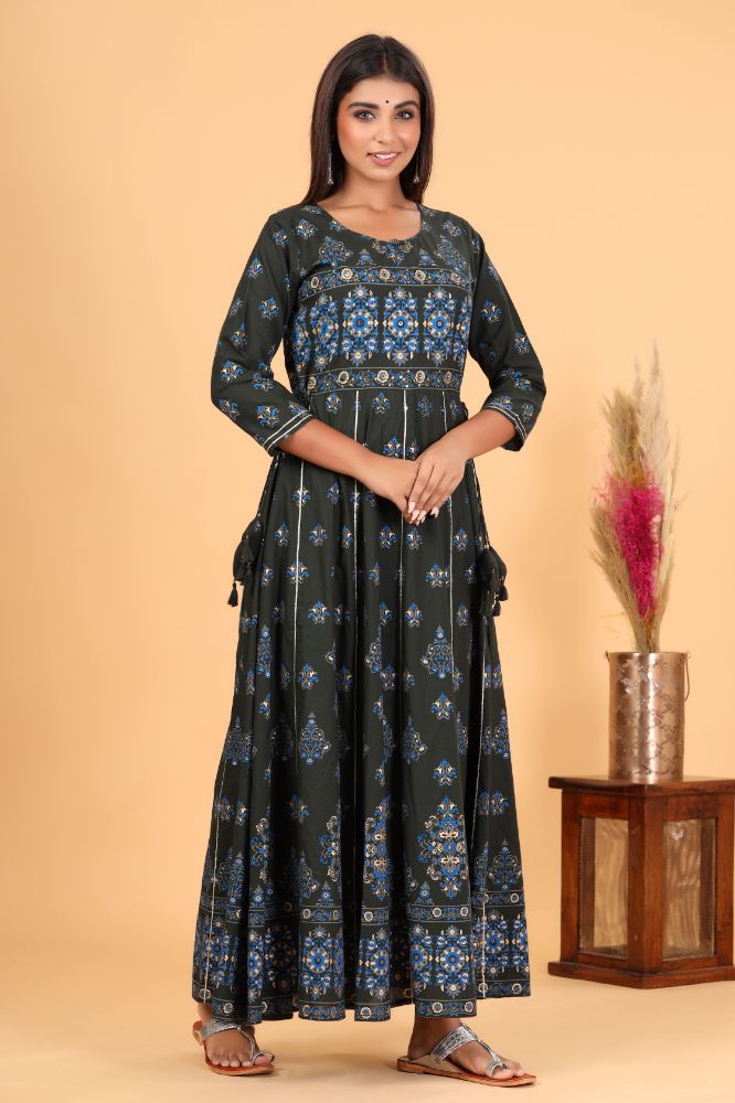 Kaajh Women's Green Gold Print Embellishment Anarkali Kurta | Grocsy