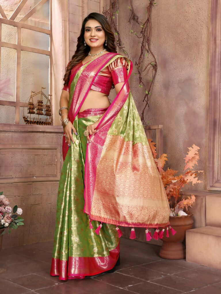 Anaita Light Green Tissue Silk With Zari Weaving Saree With Blouse | Grocsy