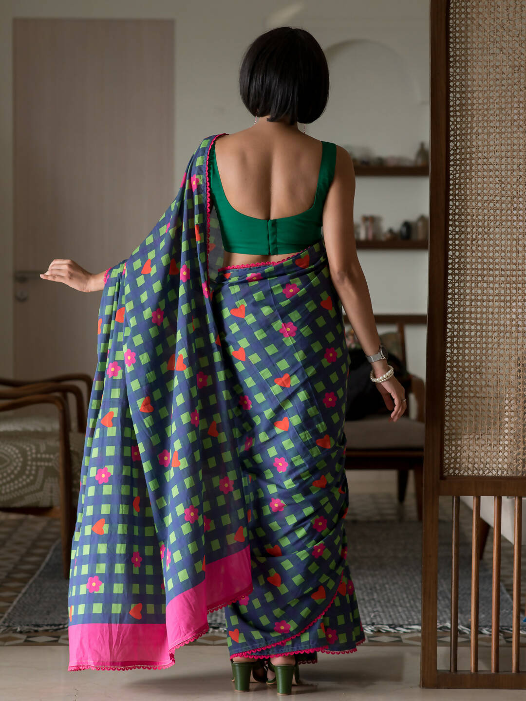 Suta Multi Color Checked Pure Cotton Saree | Grocsy
