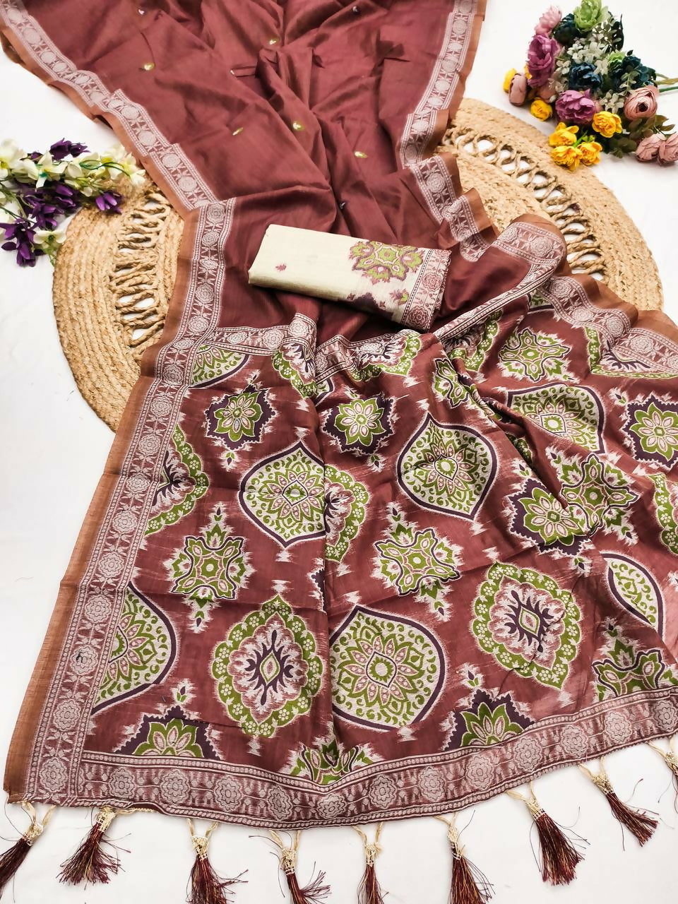 Vastranavya Maroon Muga Cotton Meenakari & Azarakh Pallu Saree with Contrast Blouse | Grocsy