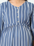 Manet Three Fourth Maternity Dress Striped With Concealed Zipper Nursing Access - Blue | Grocsy