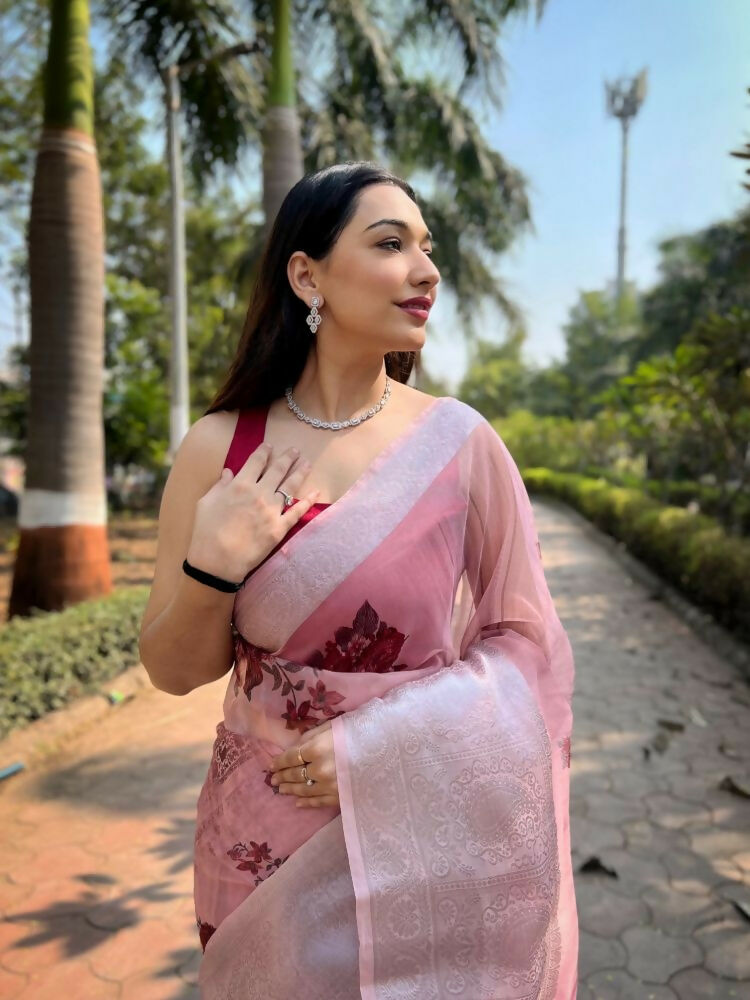 Vamsee Mehar Baby Pink Organza Saree | Grocsy
