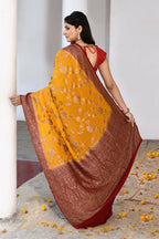 Joban Fashion Yellow Crepe Chiffon Pure Handloom Banarasi Silk Saree | Grocsy