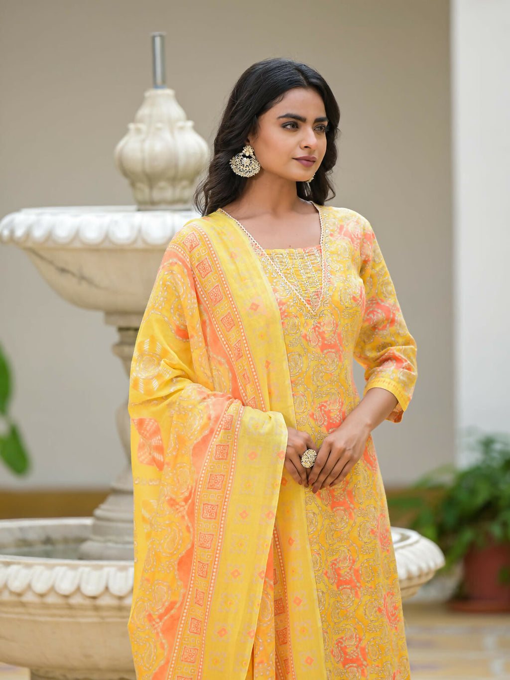 Juniper Women's Yellow Ethnic Motif Printed Cotton Kurta Pant With Dupatta Set With Sequins & Lace | Grocsy