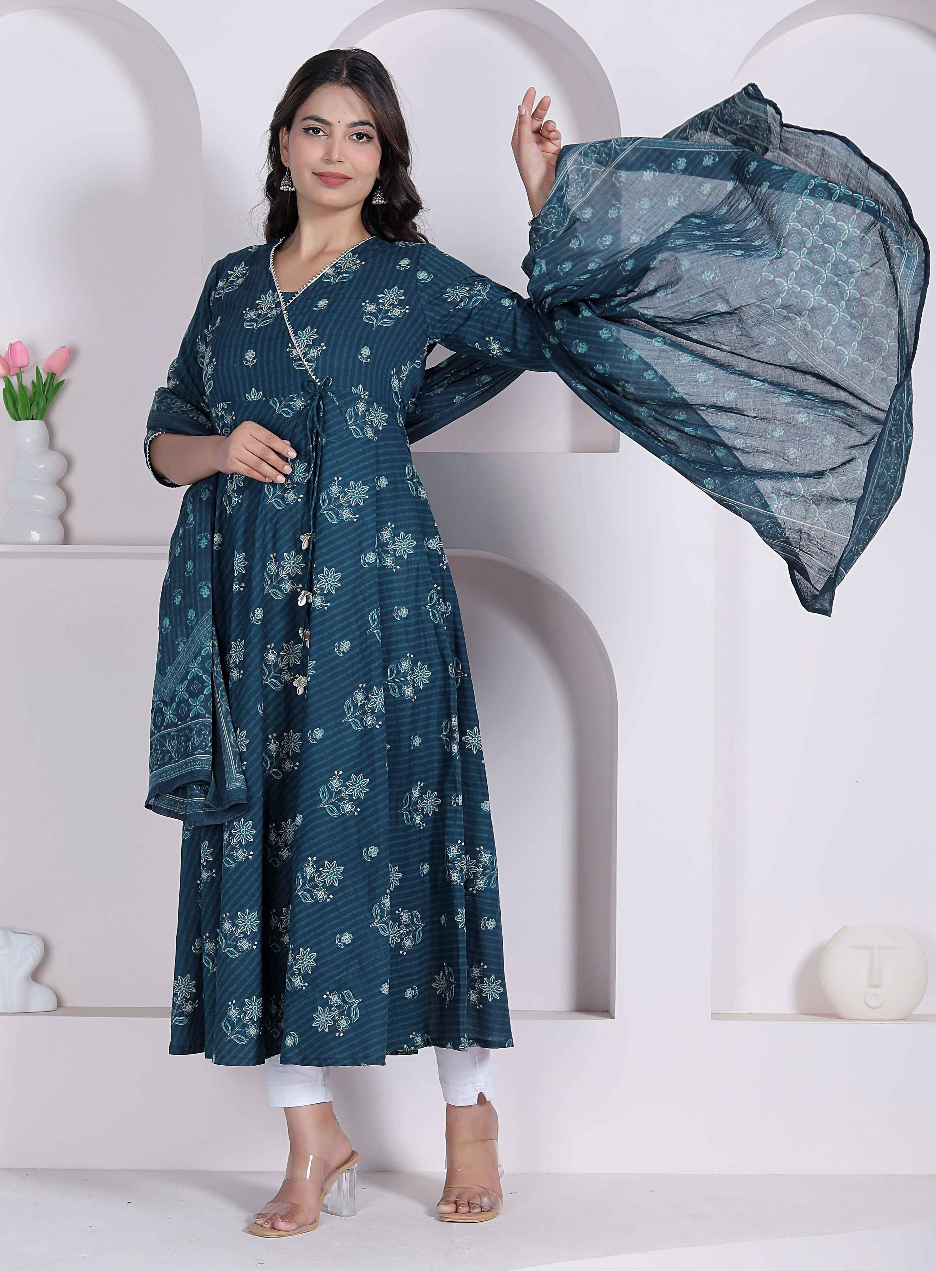 Miravan Womens Blue Floral Printed Angrakha Kurta With Dupatta | Grocsy
