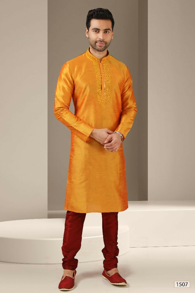 Raivat Ethnic Banarasi Art Silk Mirror Work Kurta Pajama In Mustard Colour | Grocsy