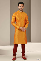 Raivat Ethnic Banarasi Art Silk Mirror Work Kurta Pajama In Mustard Colour | Grocsy