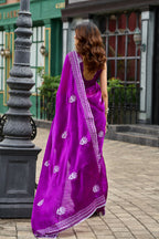 Vastranavya Purple Embroidery Work Shimmer Chiffon Saree with Unstitched Blouse | Grocsy