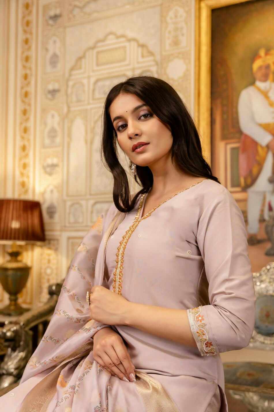 The52 Lavender Women's Beautiful Viscose Shimmer Fabric Embroidered Work Straight Kurta Pant and Dupatta Set | Grocsy