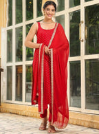 Teeya Creation Womens New Elegant Red Embroidered Kurti with Matching Bottom Set | Grocsy