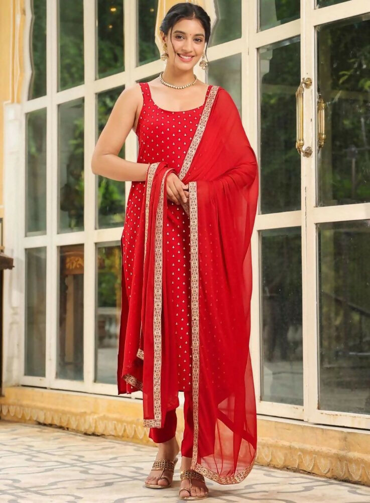 Teeya Creation Womens New Elegant Red Embroidered Kurti with Matching Bottom Set | Grocsy
