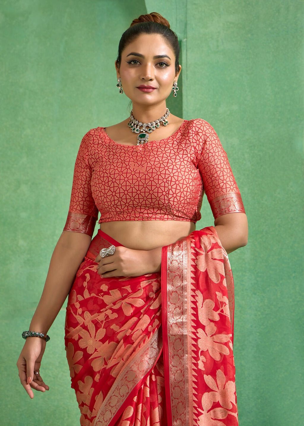 Joban Fashion Redbull Moss Brasso With Kasab Zari Border Saree & Tassels With Brasso Blouse | Grocsy