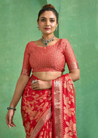 Joban Fashion Redbull Moss Brasso With Kasab Zari Border Saree & Tassels With Brasso Blouse | Grocsy