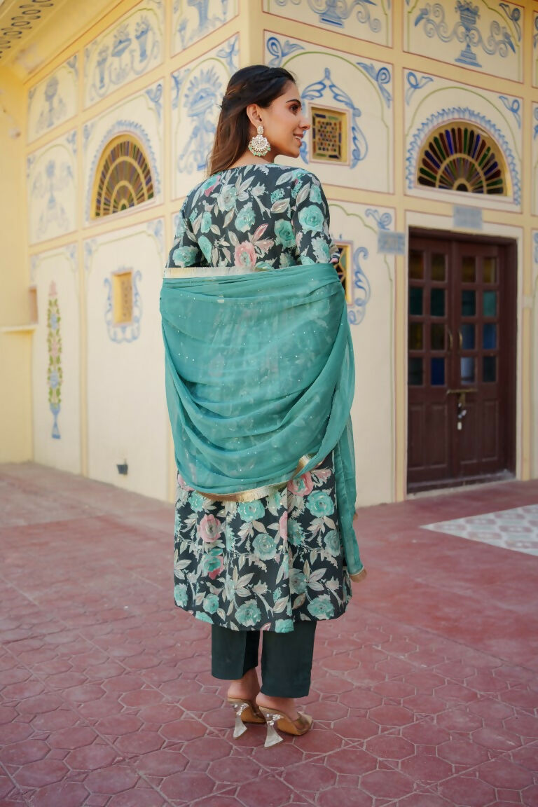Vaasva Women Teal Muslin Embroidered Kurta, Pant & Dupatta Set | Grocsy