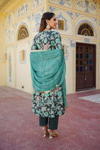 Vaasva Women Teal Muslin Embroidered Kurta, Pant & Dupatta Set | Grocsy