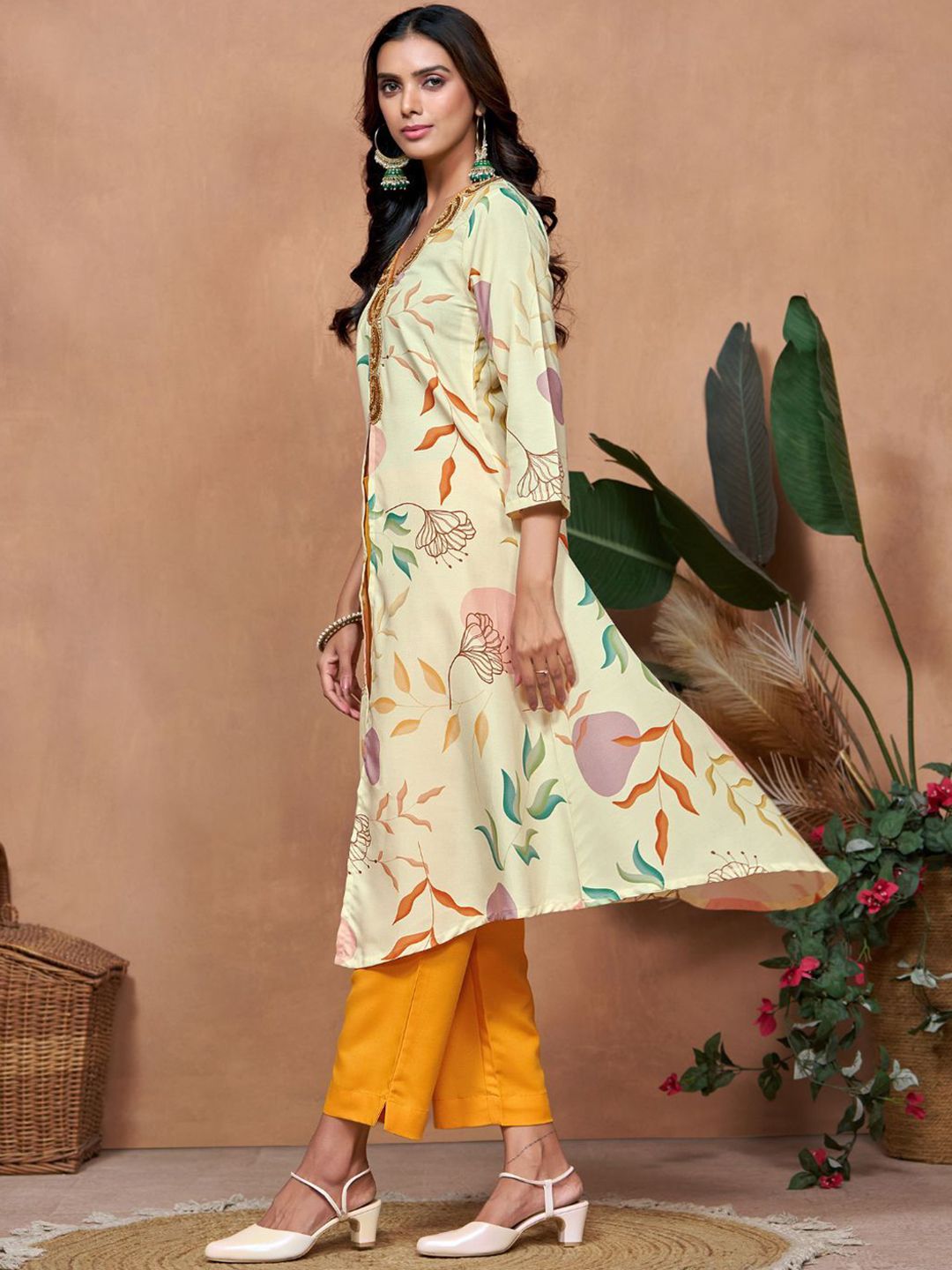 Sangria Off White Floral Printed V-Neck Three-Quarter Sleeves A-Line Kurta & Trouser | Grocsy
