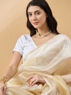 Yellow Tissue Slub Embroidered Saree with Unstitched Blouse - Vairagi | Grocsy