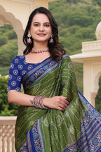 Prime Volt Women's Green & Blue Printed Mal Cotton Saree with Designer Blouse Piece | Grocsy