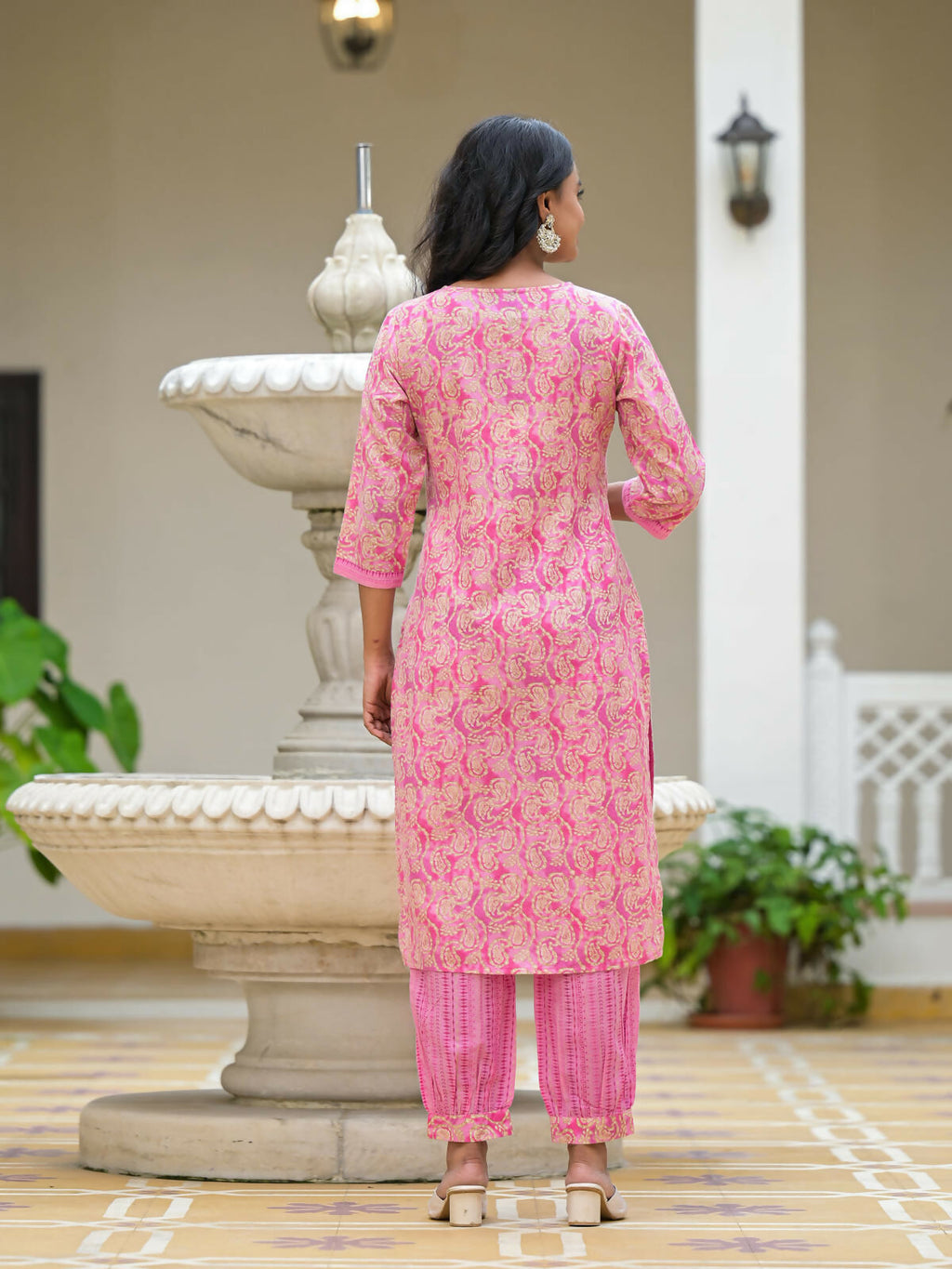 Juniper Women's Pink Ethnic Motif Printed Cotton Kurta Pant With Dupatta Set With Sequins & Lace | Grocsy