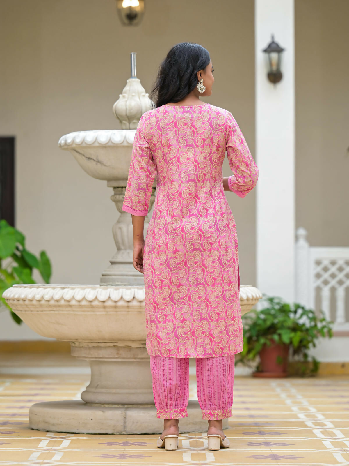 Juniper Women's Pink Ethnic Motif Printed Cotton Kurta Pant With Dupatta Set With Sequins & Lace | Grocsy