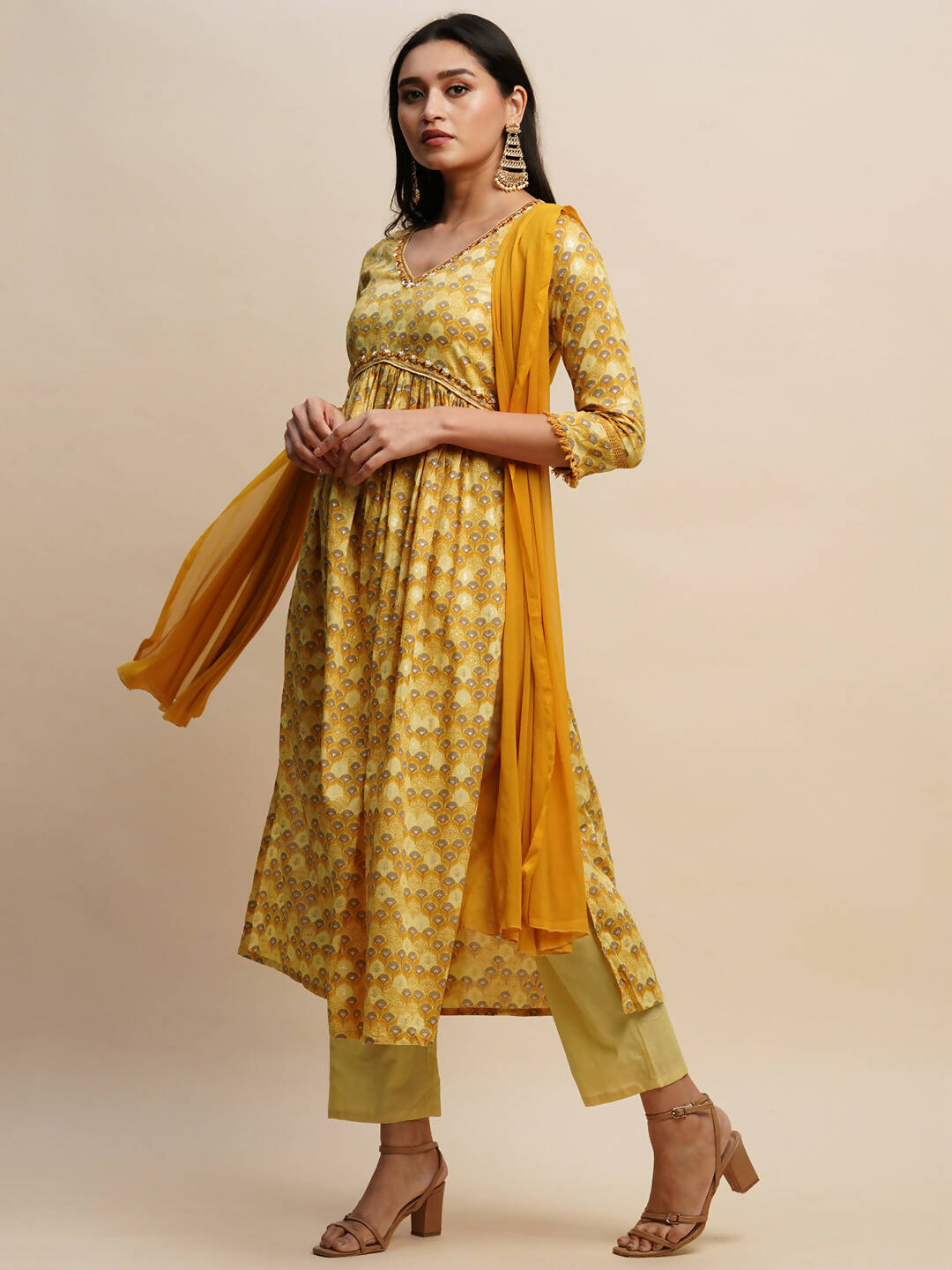 Mustard Pure Cotton Floral Printed Naira Cut Kurta And Bottom With Dupatta - Akashara | Grocsy